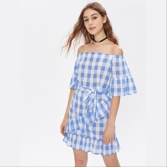 ✨HP✨Bardot Tie Waist Grid Ruffle Trim Dress✨ - Picture 1 of 4